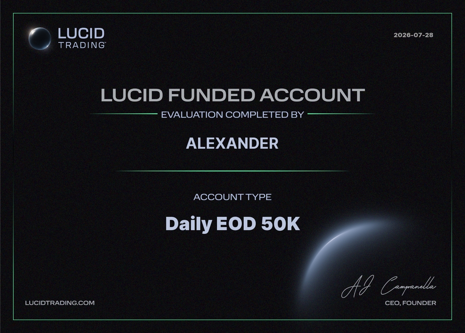 Lucid Trading funded account certificate for a Daily EOD 50K account