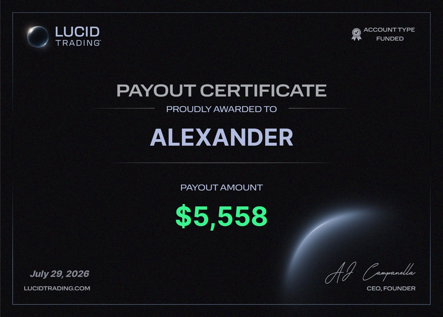 Lucid Trading payout certificate for $5,558